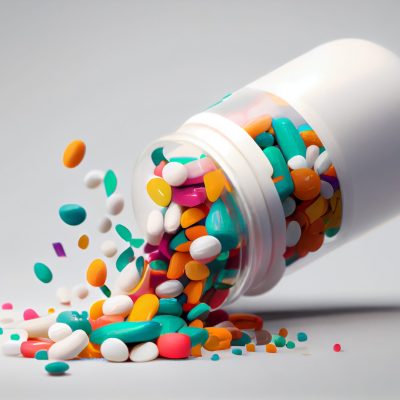 Medicine bottle spilling colorful pills depicting addiction risks ,generative AI Medicine bottle spilling colorful pills depicting addiction risks ,generative artificial intelligence
